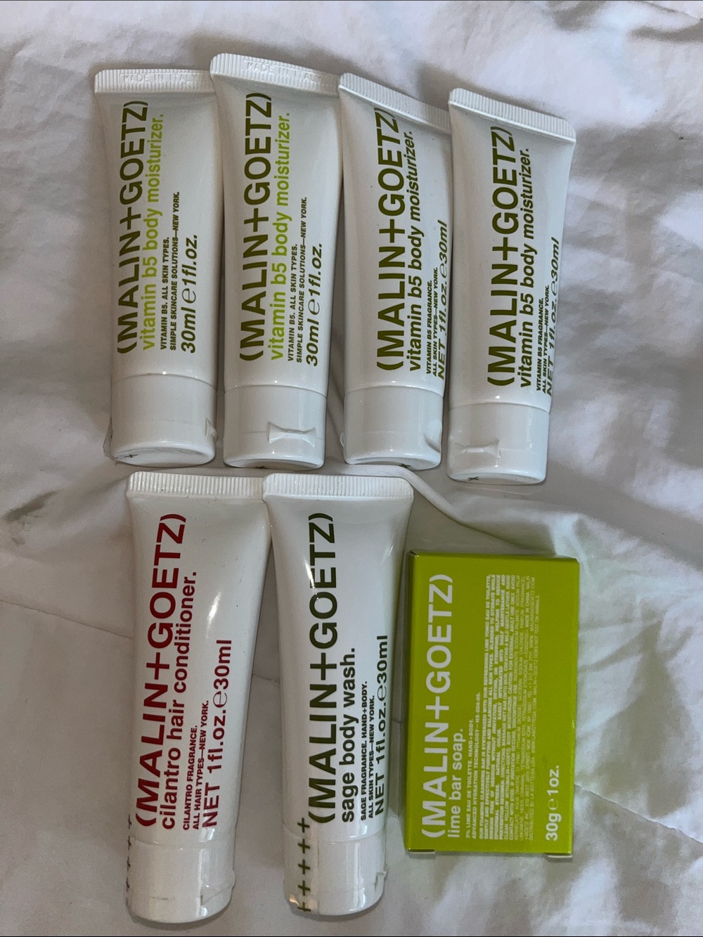 Malin + Goetz Travel Set (4 moisturizers, body wash, conditioner, soap) New